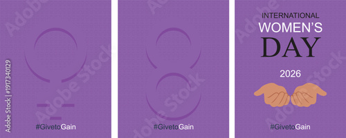 Set of three vertical purple panels for International Women's Day awareness featuring venus symbols number eight and cupped hands icons on a patterned background for global feminine empowerment market