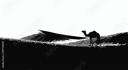 A solitary camel silhouette against a vast, undulating sand dune, with subtle heat haze. Focus on the texture of the sand and the camel’s form