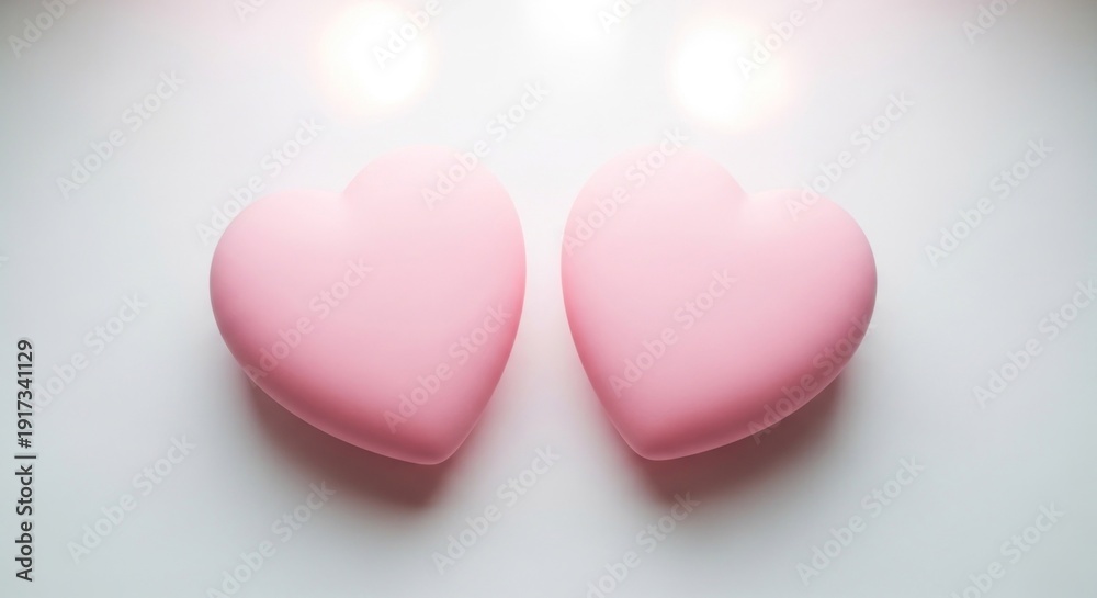 Fototapeta premium Two pastel pink heart-shaped objects on a white surface, lit from above, simple & clean