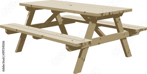 Wooden Picnic Table on White Background