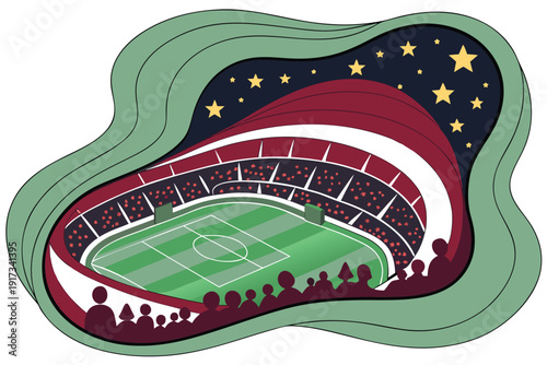 Paper cut style vector artwork of layered football field illustration.