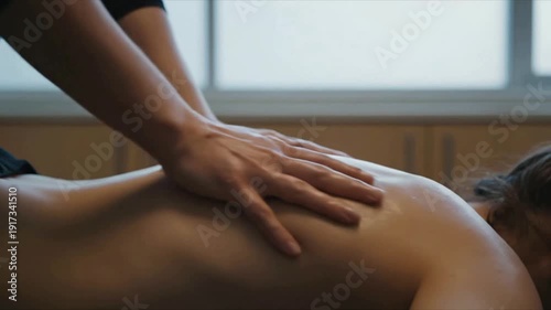 Hands Performing Back Massage Therapy in Modern Spa Setting with Soft Lighting