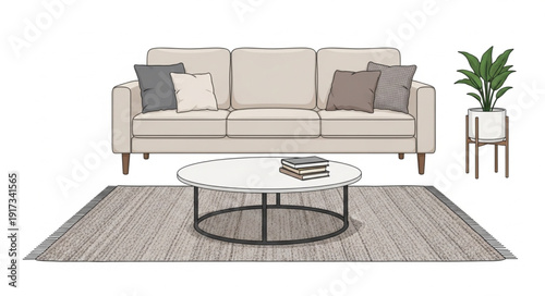 Modern living room furniture arrangement with sofa coffee table and rug.