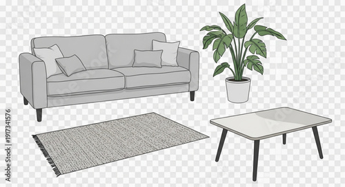 Modern Living Room Furniture Set With Sofa Coffee Table and Plant.