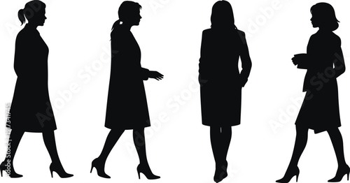 Professional businesswomen silhouettes in dynamic poses, corporate attire, confident posture, teamwork concept, modern workplace representation, leadership illustration