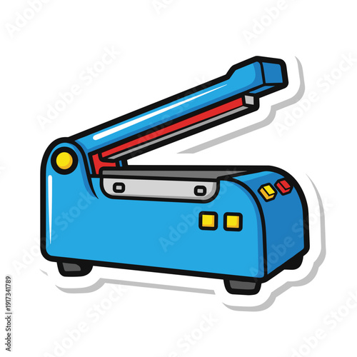 Blue lid sealer machine isolated on a white background, featuring colorful buttons and a sleek design, ideal for packaging solutions