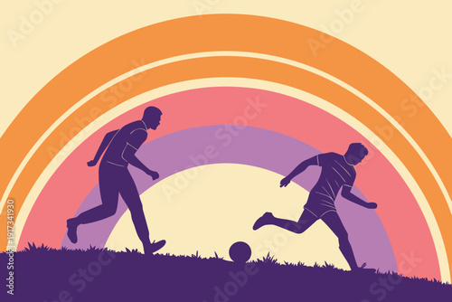Silhouette vector art of football players against sunset background illustration.