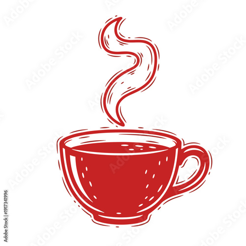 Illustration of a steaming red cup filled with rooibos tea on an isolated white background, showcasing a minimalist and vibrant design