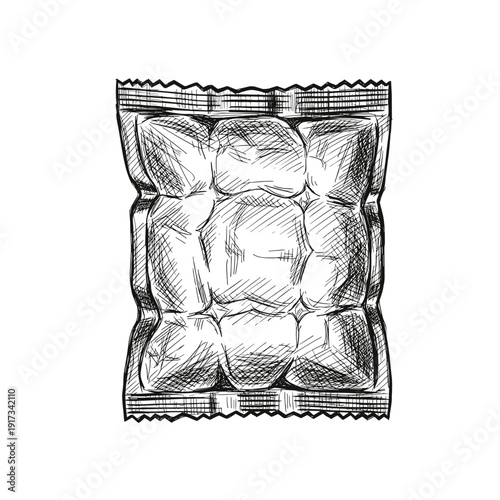 Crumpled foil pouch illustration, isolated on a white background, showcasing detailed sketch style with intricate shading and texture