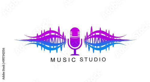 Vibrant Music Studio Logo with Abstract Purple-Blue Sound Waves & Microphone