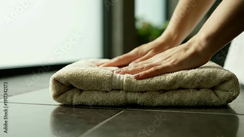 Hands Carefully Folding Stacked Gray Towels in Modern Bathroom with Natural Lighting