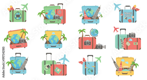 Flat Design Travel Suitcase Icons Set with Global Landmarks & Travel Elements