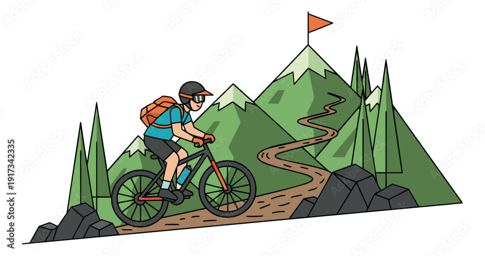 Naklejka premium Line art illustration of a man mountain biking up a winding path for outdoor adventure