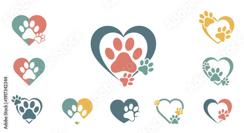 Pet Love Heart and Paw Print Logos. Animal Care Vector Icons Set