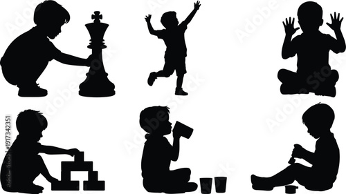 Silhouettes of children playing, learning, exploring, drinking, stacking blocks, running, expressing creativity, childhood activities, developmental growth