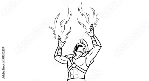 Warrior conjuring fire magic, ancient warrior, fantasy art, illustration, line drawing