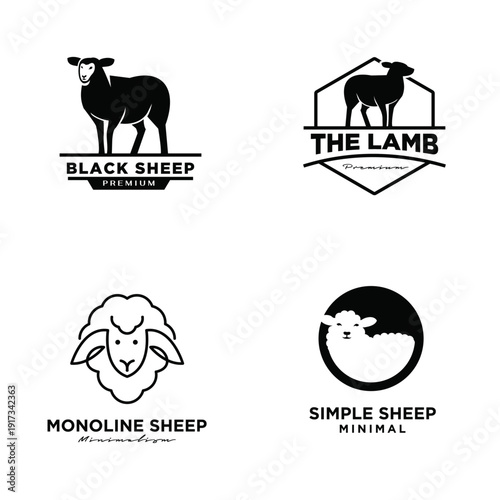 Set of Black and White Sheep and Lamb Logo Designs with Minimalist Animal Icons