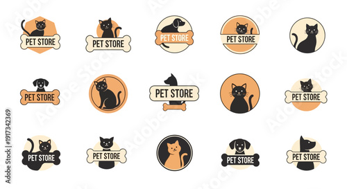Pet Store Logo Icons Set: Cats and Dogs, Bones, Beige & Black Design