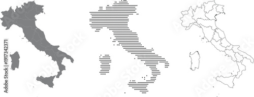 Italy Map Set with Administrative Regions, Dotted Pattern and Outline Vector Illustration