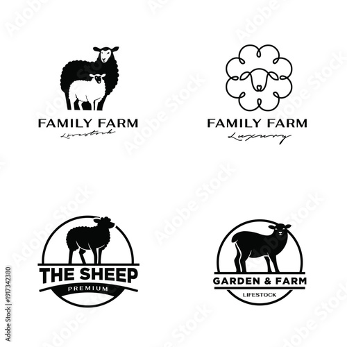 Quadro su tela Sheep Farm Livestock Logo Collection: Black and White Silhouette and Line Art De