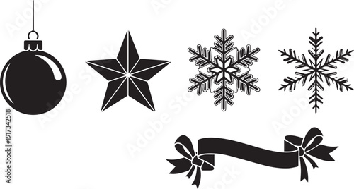 Christmas and winter silhouette icon collection. Includes bauble, star, two snowflakes, and ribbon with bows symbols. Created in solid black vector style with a monochrome palette.