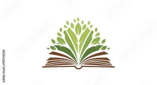Open Book with Green Leaves Logo - Knowledge, Nature, Growth & Education