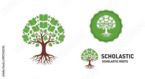 Scholastic Roots Tree & Books Logo - Education, Knowledge & Growth Emblem