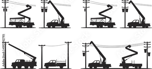 Silhouettes of utility trucks with boom lifts working on power lines, electrical maintenance vehicles and infrastructure repair scenes