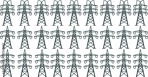 Stylized electrical transmission towers seamless pattern, lattice pylons with cross arms, energy infrastructure design for power distribution illustration