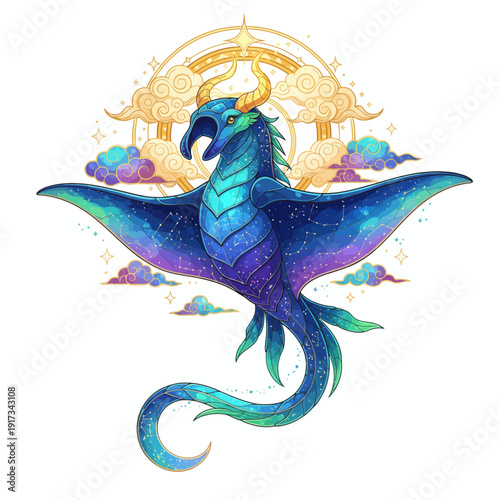 Mythical Dragon Soars with Golden Horns and Vibrant Wings in a Majestic