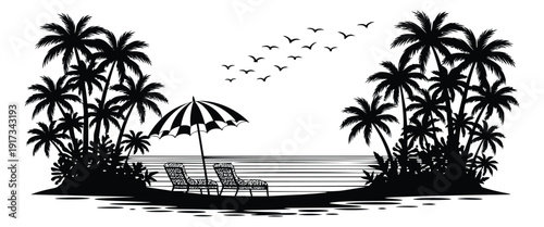 Silhouette illustration of a tropical beach depicting palm trees, beach chairs, and an umbrella for a relaxing getaway