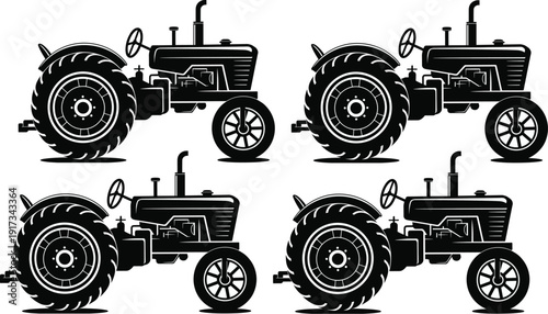 Vintage tractor illustration set, stylized farm machinery artwork, agricultural vehicle graphic design, farming equipment icon collection