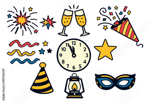Hand drawn line art new year's eve party icons set featuring fireworks, champagne glasses, a countdown clock, and a masquerade mask for celebrations