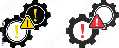 Two vector illustrations of interlocking gears with warning symbols, one with yellow exclamation marks and a yellow triangle, the other with red exclamation marks and a red triangle