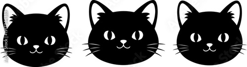 Three black cat faces with distinct facial expressions in a row, vector illustration, digital art, close-up view