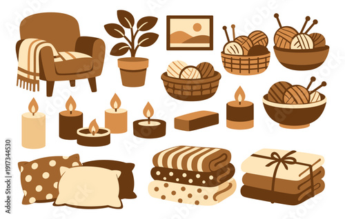 Flat graphic cozy home items set featuring an armchair, candles, and blankets for autumn comfort