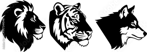 Detailed illustration of a lion, tiger, and wolf profile showcasing their facial features and expressions in a vector graphics file .eps