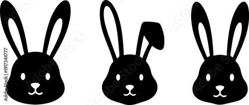 Three black rabbit silhouettes with different ear positions on a clean white background from a straightforward viewpoint
