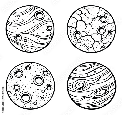 Hand drawn line art celestial objects set featuring textured surfaces and craters for space exploration design