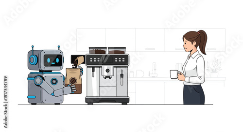 A woman in a white shirt and black skirt holds a mug next to a robot helper and an industrial coffee machine in an office setting with a clean background.