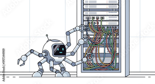 A robot helper with a metallic body and colorful wires is working on a complex electronic system in an office setting with a mix of industrial and technological elements.