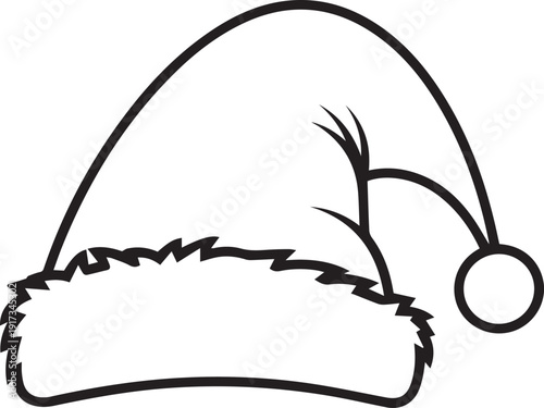 Outline vector illustration of a Santa Claus hat with a fluffy brim and pom-pom, depicted in a simple, clean line art style, isolated on a transparent background.