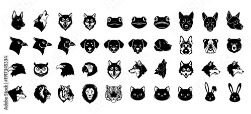 Collection of various animal faces silhouettes in a grid layout, featuring different species and breeds, digital illustrations, vector graphics