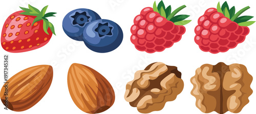 Colorful Fresh Fruits and Nuts Display – Healthy Snack Arrangement