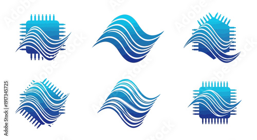 Diverse Set of Blue Chip Logos with Wavy Circuit and Flow Elements