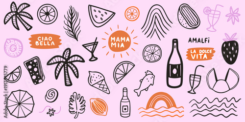 Hand drawn style illustration featuring italian summer themed doodles and lettering