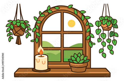 Hand drawn illustration of a window depicting a windowsill with a burning candle and plants for cozy home decoration