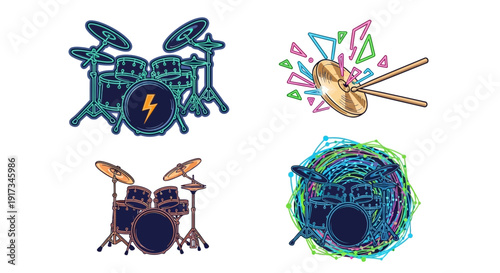 Vibrant Drum Kits and Cymbal Illustration Pack with Musical Energy