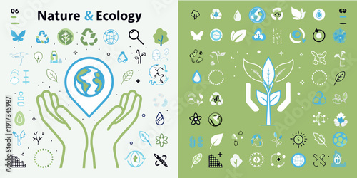 Hands cradling earth with nature and ecology related icons surrounding