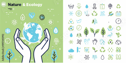 Hands cradling earth with surrounding nature and ecology icons